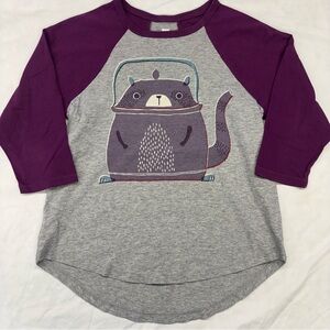 Tea Collection Furry Legged Teapot Kids Raglan Tee Size 7 VGUC Purple Gray